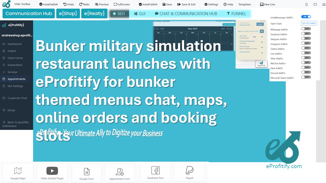 Bunker military simulation restaurant launches with eProfitify for bunker themed menus chat, maps, online orders and booking slots